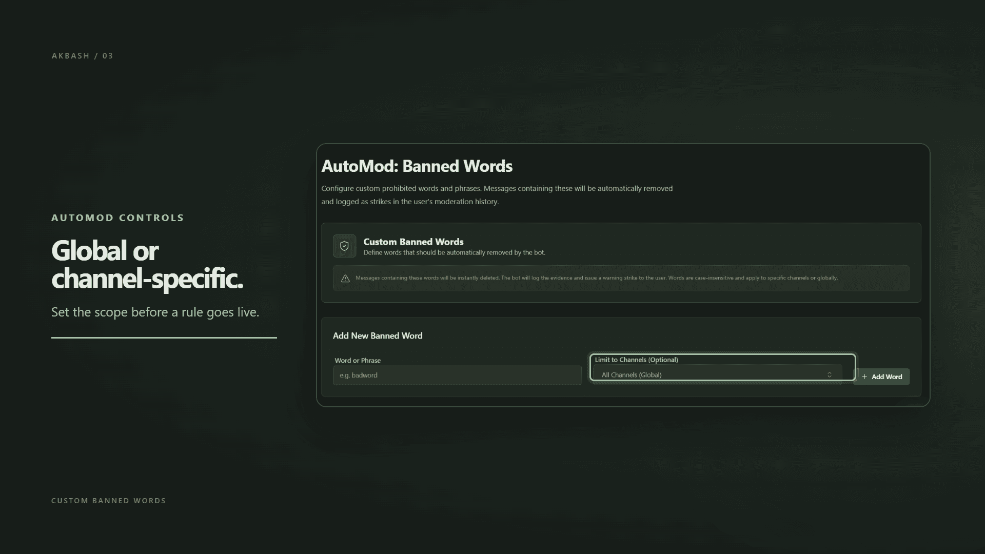 Akbash staged product capture showing AutoMod controls
