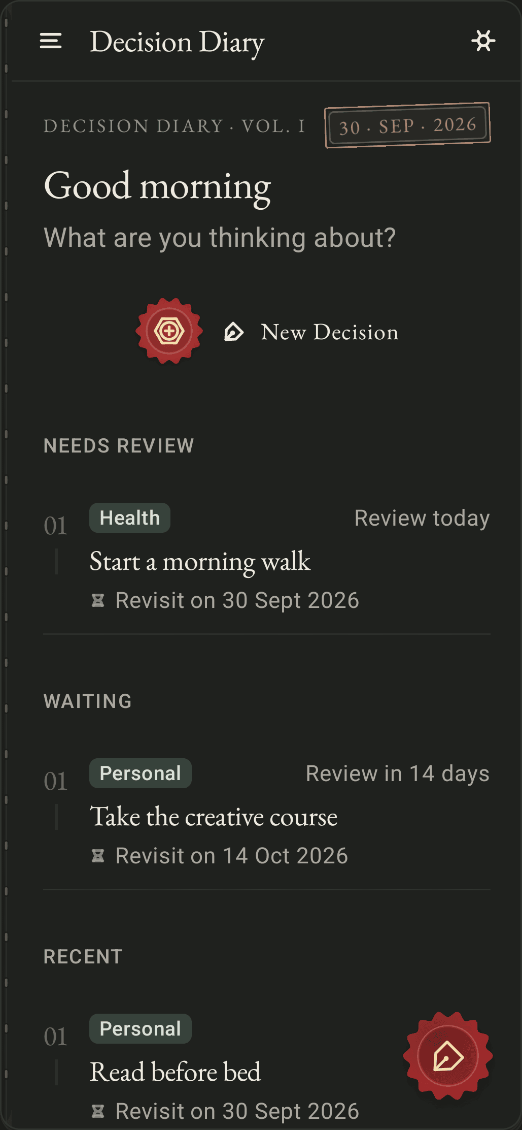 Decision Diary home screen with upcoming reviews and recent decisions